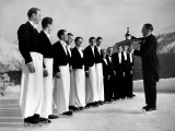 Waiters in Ice Skates Learning How to Serve Cocktails During Lesson at Grand Hotel Ice Rink Premium-Fotodruck von Alfred Eisenstaedt
