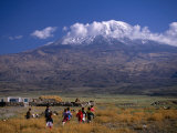 Children Running and Mt. Ararat, Agri, Turkey Photographic Print by Izzet Keribar