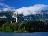 Bled Island Church and Karavanke Range Beyond, Bled, Bled Island, Gorenjska, Slovenia Photographic Print by Grant Dixon