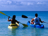 Man and Woman Kayaking on Fernandez Bay, Cat Island, Bahamas Photographic Print by Greg Johnston