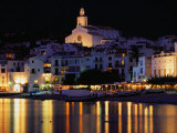 Night at the Harbour with the Church Behind at the Village of Cadaques, Girona, Catalonia, Spain Lámina fotográfica por David Tomlinson