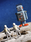 Astronaut Figurines Standing Beside Gray Toy Rocket Photographic Print