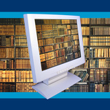 Images of Book Shelves on Computer Screen Photographic Print