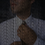Businessman Straightening Tie with Superimposed Binary Code Lámina fotográfica
