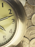 Silver Clock on Top of Pile of Silver American Coins Photographic Print