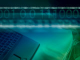 Man Working at Laptop with Superimposition of Binary Code Lámina fotográfica Man Working at Laptop with Superimposition of Binary Code Lámina fotográfica