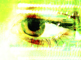 Close-up of a Human Eye Superimposed on a Faint Science Grid Design Photographic Print