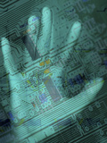 Outline of a Human Palm Superimposed on a Computer Chip - Fotografik Baskı Outline of a Human Palm Superimposed on a Computer Chip - Fotografik Baskı