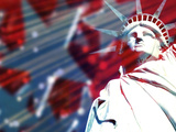 Statue of Liberty with Symbolic Stars and Stripes in the Background Impressão fotográfica Statue of Liberty with Symbolic Stars and Stripes in the Background Impressão fotográfica
