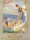 Woman Cautiously Descends a Cliff Path to the Beach Clutching Her Precious Kodak Fotografisk tryk