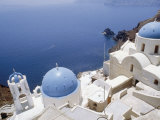 Churches with Blue Domes, on a Cliff Top Overlooking the Sea, at Ia (Oia) on Island of Santorini Photographic Print