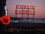 Neon Sign of Coffee Cup at Pike Place Market, Seattle, Washington, USA Photographic Print by Connie Ricca