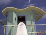 Surfboard at Lifeguard Station, South Beach, Miami, Florida, USA Photographic Print by Robin Hill