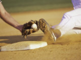 Baseball Player Sliding at a Base, and a Gloved Hand Holding a Ball Lámina fotográfica