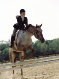 Low Angle View of a Jockey And a Horse Jumping Over a Hurdle Lámina fotográfica