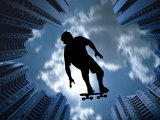 Skateboarder Silhouette Among Skyscrapers Fotografie-Druck