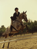 Jockey And a Horse Jumping Over a Hurdle Lámina fotográfica