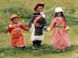 Young Tibetan Children Walk Hand in Hand Near Qinghai Lake Photographic Print