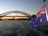 Australian Flag and Sydney Harbor Bridge at Dusk, Australia Photographic Print by David Wall