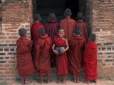 Young Monks in Red Robes with Alms Woks, Myanmar Photographic Print by Keren Su