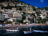 Houses Terraced into Rugged Amalfi Coastline, Boats in Foreground, Positano, Italy Photographic Print by Dallas Stribley