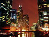 Chicago River and Downtown Buildings at Night, Chicago, United States of America Photographic Print by Richard Cummins