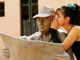 Girl in Quincinera (15th) Birthday Dress Whispering to Statue, Plaza Del Carmen, Camaguey, Cuba Lámina fotográfica por Christopher P Baker