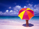 Female Holding a Colorful Beach Umbrella on Harbour Island, Bahamas Photographic Print by Greg Johnston