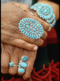 Hands of Navajo Woman Modeling Turquoise Bracelet and Ring Made by Native Americans Premium Photographic Print by Michael Mauney