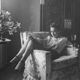 Actress Olivia de Havilland with Cigarette and Glass of Beer in While Relaxing at Home Premium Photographic Print by Bob Landry