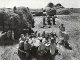 Farmers Having Lunch Brought and Served by Wives During Harvest of Spring Wheat in Wheat Farm Photographic Print by Gordon Coster