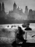 Ship and Tug Boat Traffic on the Hudson River with New York City Skyline Premium Photographic Print by Andreas Feininger