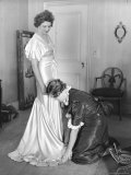 Mrs. Elizabeth Arden Graham Having Her Maid Fix Hem of Evening Gown Premium Photographic Print by Alfred Eisenstaedt