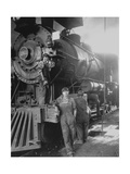 Women Rail Workers Standing at Work on Engine of Train, During WWI at Great Northern Railway Premium Photographic Print