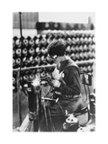 Women Worker in Safety Goggles Doing Acetylene Welding on Cylinder Water Jacket in Factory Photographic Print
