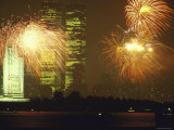 Fireworks for 4th of July Celebrations with Statue of Liberty and World Trade Center Towers Photographic Print by Ted Thai