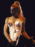 Pop Star Madonna Wearing Conical Bustier and Standing in Provocative Pose While Onstage プレミアム写真プリント