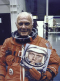 Astronaut John Glenn in Pressure Suit for Flight Into Space Holding Photo of Himself Premium Photographic Print by Ralph Morse