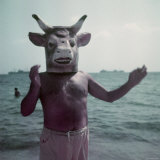 Pablo Picasso Wearing a Cow's Head Mask on Beach at Golfe Juan Near Vallauris Premium Photographic Print by Gjon Mili