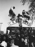 Kids Hanging on Crossbars of Railroad Crossing Signal to See and Hear Richard M. Nixon Speak Premium Photographic Print by Carl Mydans