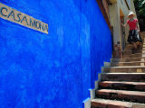 Young Women Decending Stairs Outside Blue Painted Casa Mona in Zona Centro, Puerto Vallarta, Mexico Photographic Print by Anthony Plummer