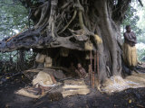 Woman and Children of Kastom Village Selling Souvenirs Under Banyan Tree, Yakel, Vanuatu Photographie par Holger Leue