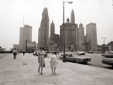 Two Ladies Walking the Sidewalk Skyscrapers in Chicago America's Windy City, in the 1960s Photographic Print
