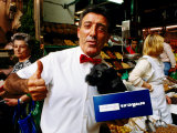 Man with Dog in Box, Boqueria Markets, Las Ramblas, Barcelona, Spain Photographic Print by Chester Jonathan