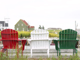 Green, Red and White Wooden Deck Chairs Photographic Print