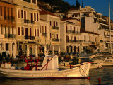 19th Century Buildings and Fishing Vessels in Gythio Harbour, Gythio, Peloponnese, Greece Photographic Print by Glenn Beanland
