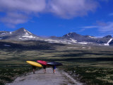 Kayakers Walking to Ula River, Rondane National Park, Oppland, Norway Photographic Print by Anders Blomqvist