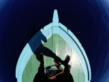 Wide-Angle View of a Diver Standing at the Bow of a Boat Photographic Print by Wolcott Henry