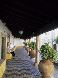 Tourist on Terrace with Striped Cobblestone Floor and Planters, Portugal Fotografie-Druck von John & Lisa Merrill