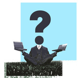 Businessman Sitting on Grass with Laptops and a Question Mark On Lámina fotográfica Businessman Sitting on Grass with Laptops and a Question Mark On Lámina fotográfica